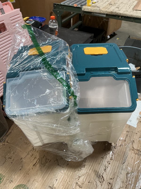 Photo 1 of **ONE IS MISSING LID DOOR**Begino Large Flour Storage Container Bin 25lb, 2Pack Airtight Rice Storage Containers with Wheels Seal Locking Lid, BPA Free with Measuring Cup&Scoop for Flour, Rice, Grain(Blue)