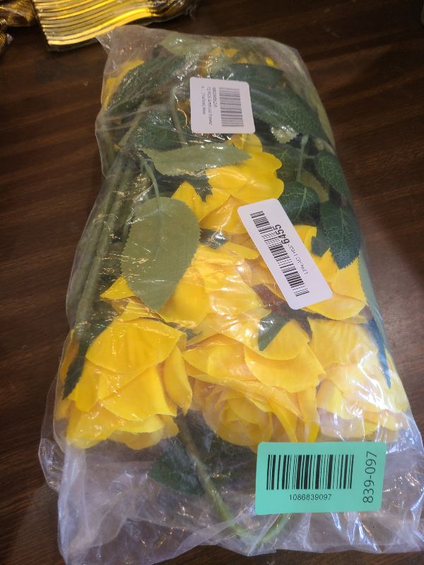 Photo 1 of 12 PCS Artificial Flowers Roses Silk Flowers Fake Long Stem Artificial Roses for Home Wedding Decorations (Yellow)