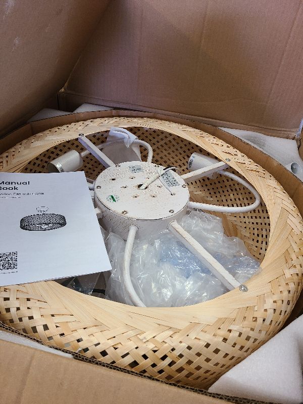 Photo 1 of 20" Rattan Boho Caged Ceiling Fan with Lights Remote Control, Rattan Enclosed Fandelier Ceiling Fans with Lights Low Profile Chandelier Ceiling Fan for Bedroom,Nursery, Living Room, Dining Room