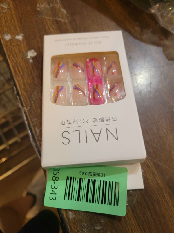 Photo 1 of 24Pcs Press on Nails Short, Rainbow Fake Nails Square, Glitter Press on Acrylic French False Nails Tips with Design, Colorful Stripes Heart Glossy Artificial Nails Gay Pride Stick On Nail