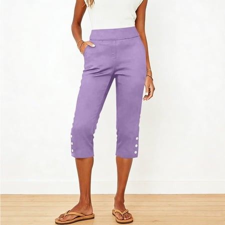Photo 1 of Mifsaly Womens Capri Pants High Waisted Cropped Trousers Slim Fit Button Detail Hem Summer Casual Work Office Capris with Pockets Purple M