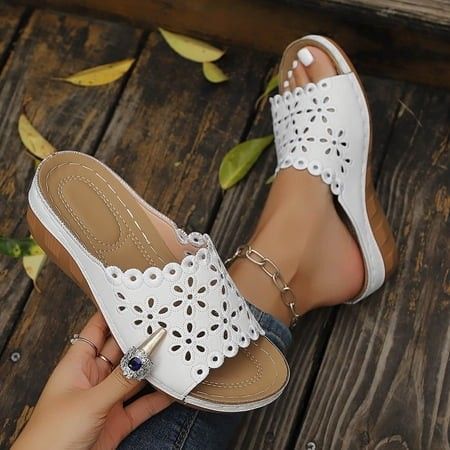 Photo 1 of Avrnliq White Womens Wedge Slide Sandals Open Toe Laser Cut Floral Slip on Cushioned Breathable Casual Wedge Mules for Summer Size 41