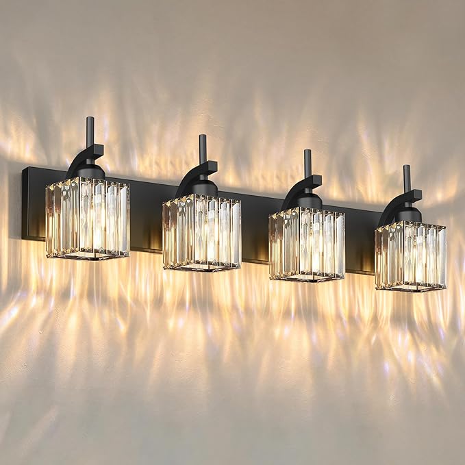 Photo 1 of Black Bathroom Vanity Light, 4-Light Modern K9 Crystal Vanity Light, Bathroom Lighting Fixtures Over Mirror, Wall Sconce Light Fixtures with Square Shade for Bathroom Renovation,ETL-Listed
