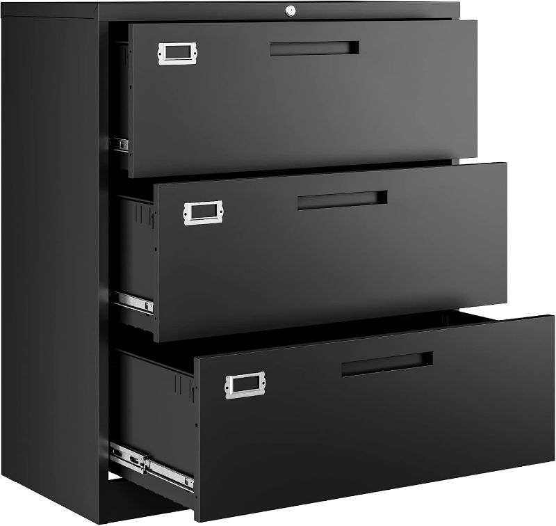 Photo 1 of Letaya Lateral 3 Drawer File Cabinets with Lock, Metal Filing Storage Vertical Cabinets,Home Office Furniture for Organization Hanging Letter/Legal/F4/A4(Black)