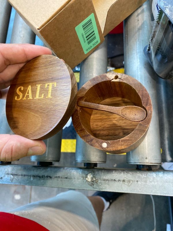View 3 of [Slight Damage] Timtopno Acacia Wood Salt Cellar with Spoon