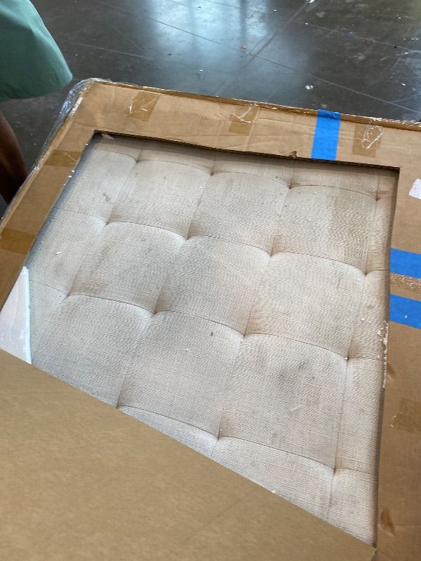 View 3 of [Dirty] 24KF Large Square Upholstered Tufted Linen Ottoman Coffee Table, Large Footrest Ottoman with Solid Wood Shelf-Ivory