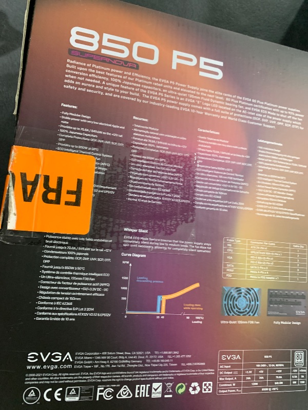 Photo 1 of EVGA Supernova 850 P5 850W 80 Plus Platinum Fully Modular Power Supply