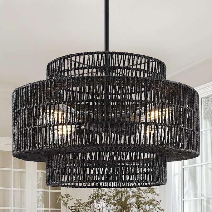 Photo 1 of 17.7" Black Rattan Chandelier for Dining Room, Boho Pendant Light | 4-Light, Hand Woven, No Assembly, Farmhouse Coastal Wicker Light Fixture Kitchen Living Room Bedroom Foyer Bedroom Entryway