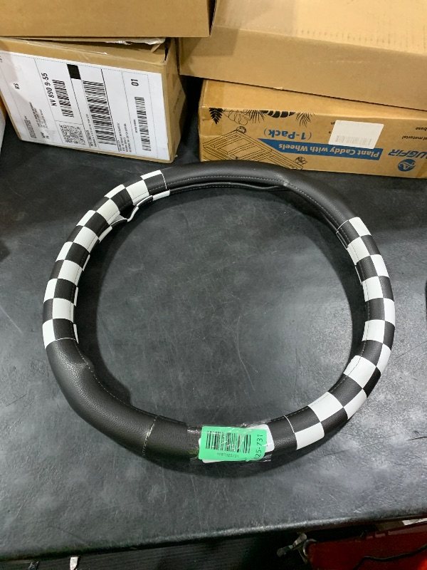 View 2 of Evankin Leather Steering Wheel Cover - Black and White Checkered