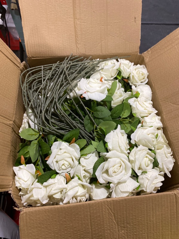 Photo 1 of 100 PCS Fake White Roses, Artificial Flowers Bulk, Silk Faux Ivory Roses