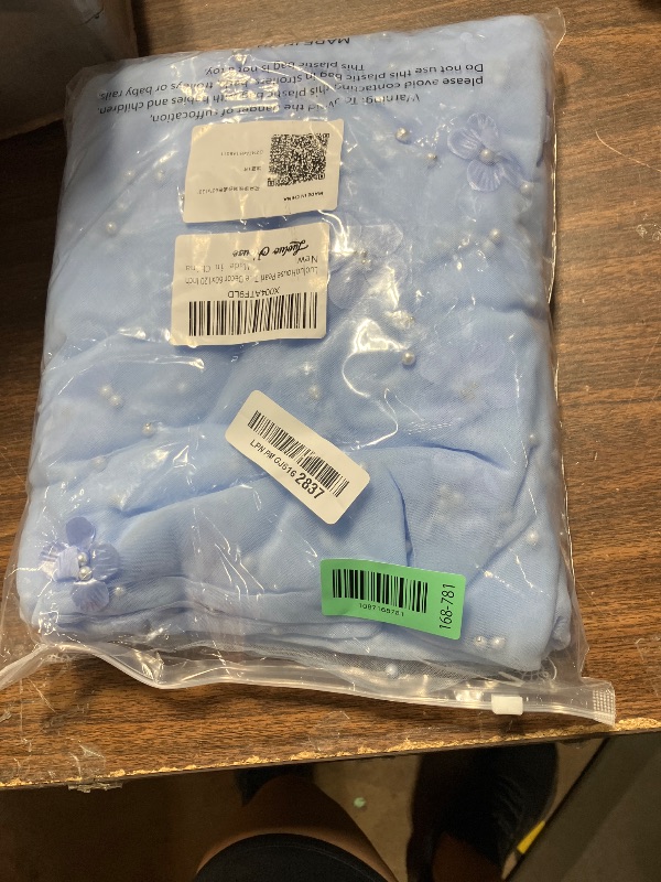 View 2 of 3 Pack Baby Blue Floral Pearl Tulle Tablecloths 10ft Sheer Table Linens