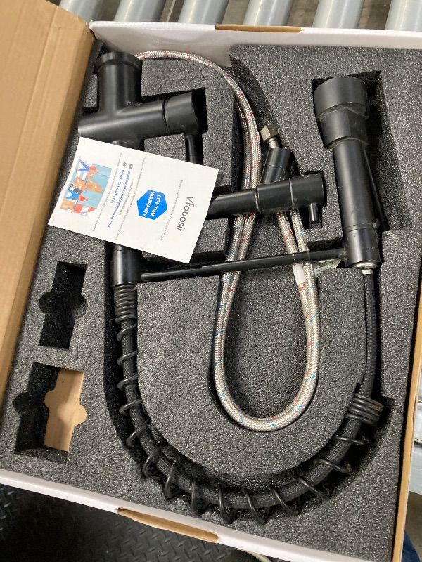 Photo 1 of ***USED*** VFAUOSIT Commercial Spring Pull Down Kitchen Faucet with Dual Outlets – Matte Black 360° Rotating Lower Spout + High Pressure Sprayer, Single Handle Lever Stainless Steel for RV Farmhouse Sink