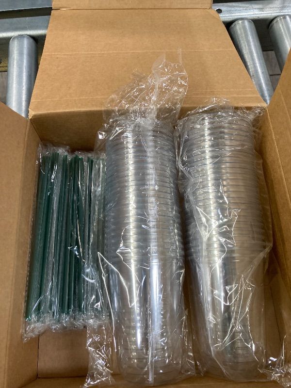 Photo 1 of ***MISSING LIDS****50PCS 16 oz Clear Plastic Cups with Lids and Dark Green Straws, Round Bottom Disposable To Go iced Coffee Cups, BPA Free Bubble Tea Smoothie Cups for Coffee Shops, Picnic, Takeout, Party, Office