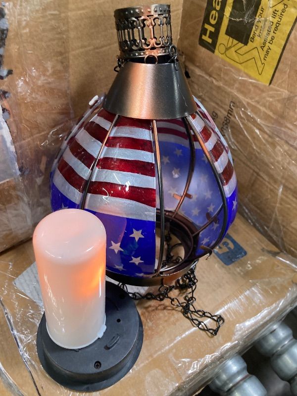 Photo 1 of **MISSING ONE GLASS PANEL/PANELS COMING OUT/PARTS ONLY*****Solar Hanging Lantern Outdoor Waterproof, American Flag Hot Air Balloon Solar Lantern with Flickering Flame, Patriotic Garden Decor for Yard, Patio, Porch, Memorial Day & 4th of July