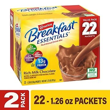 Photo 1 of (2 Pack) Carnation Breakfast Essentials Powder Protein Nutritional Shake Drink Mix Packets Rich Milk Chocolate Breakfast Shake 22 Count
