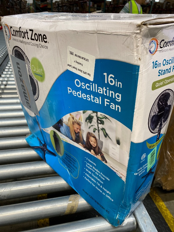 Photo 1 of **BROKEN STAND***Comfort Zone Electric Oscillating Pedestal Fan, Stand Fan, 16 inch, 3 Speed, 90 Degree Oscillating Head, Adjustable Height and Tilt, Airflow 7.48 ft/sec, Ideal for Home, Bedroom & Office, CZST161BTEBK