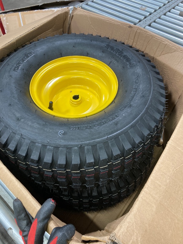 Photo 1 of (2-Pack) 20x8.00-8 Rear Tire and Wheel Assemblies - 4 Ply Tubeless Tire Compatible Replacement for Riding Lawn Mowers - 3/4" Borehole, 3.5" Offset Hub and 3/16" Keyway