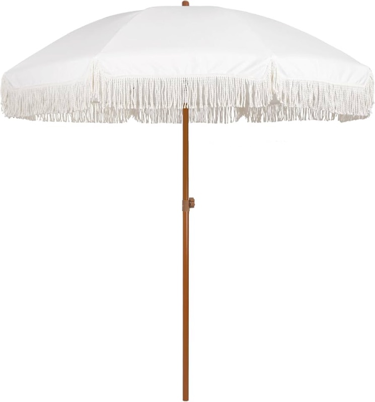 View 1 of  7ft Patio Umbrella with Fringe Outdoor Tassel Umbrella UPF50+ Premium Steel Pole and Ribs Push Button Tilt, Cream White