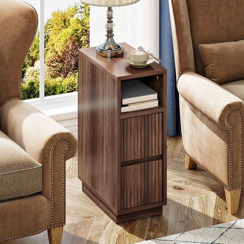 Photo 1 of ***STOCK PHOTO FOR REFERENCE ONLY***CHOEZON 8.7" Narrow Fluted Nightstand, Small Bedside Table with Drawers, Skinny Side Table, Modern Nightstand with 1 Semi-Open Shelf, Floating End Table, for Living Room, Bedroom, Walnut MBZ12HT