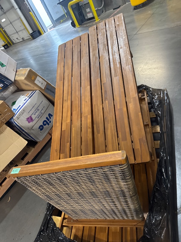 Photo 1 of ***TRUCK/TRAILER PICKUP ONLY*** 3 Pieces Outdoor Dining Table Set for 4 6 8 Acacia Wood Patio Rattan Dining Table with Bench Set for Garden, Lawn, Yard Balcony Backyard Bistro,Weather Resistant, Teak & Grey