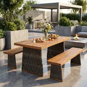 Photo 1 of ***TRUCK/TRAILER PICKUP ONLY*** 3 Pieces Outdoor Dining Table Set for 4 6 8 Acacia Wood Patio Rattan Dining Table with Bench Set for Garden, Lawn, Yard Balcony Backyard Bistro,Weather Resistant, Teak & Grey