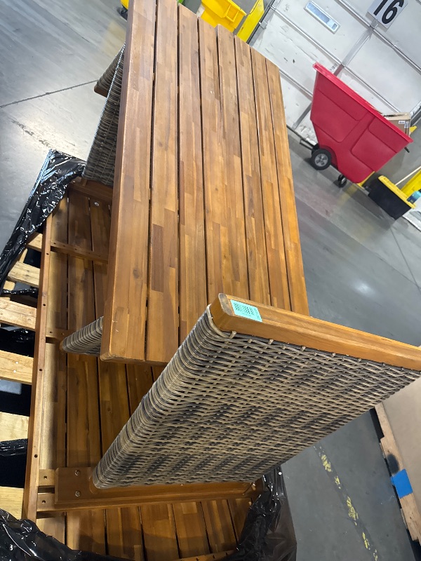 Photo 1 of ***TRUCK/TRAILER PICKUP ONLY*** 3 Pieces Outdoor Dining Table Set for 4 6 8 Acacia Wood Patio Rattan Dining Table with Bench Set for Garden, Lawn, Yard Balcony Backyard Bistro,Weather Resistant, Teak & Grey