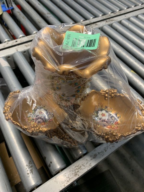 View 3 of *MISSING ONE DECORATIVE FLOWER FROM CENTER Large European Home Vase with 2 Tier Fruit Snack Trays, Gold Vase with 3D Decorative Effect for Restaurant, Living Room, Bedroom, Hotel Use