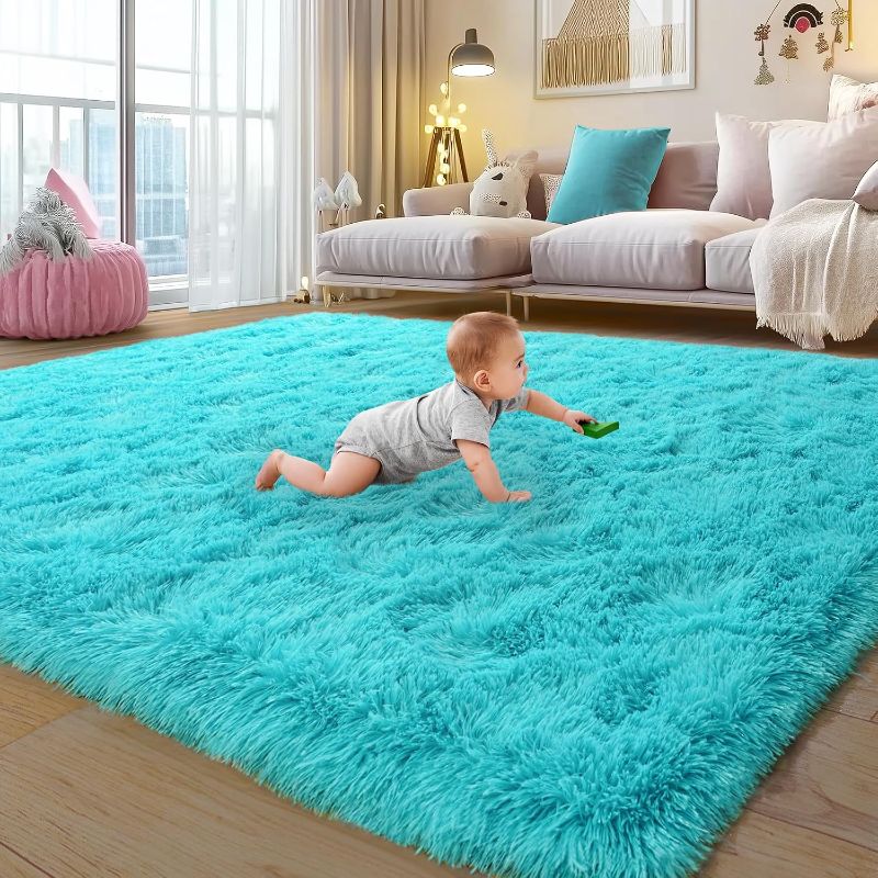 Photo 1 of ***STOCK PHOTO FOR REFERENCE ONLY*** Rezutan Soft Fluffy Rug for Living Room Bedroom, Large Comfy Modern Shaggy Fuzzy for Plush Indoor Nursery Classroom Home Decor Bedside Rug with Non-Slip Bottom, Teal Blue, 5X7 Feet