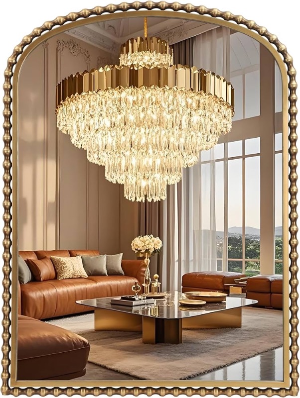View 1 of ***FACTORY SEALED***30"x40" Antique Gold Arched Wall Mirror, Bold Beaded Frame