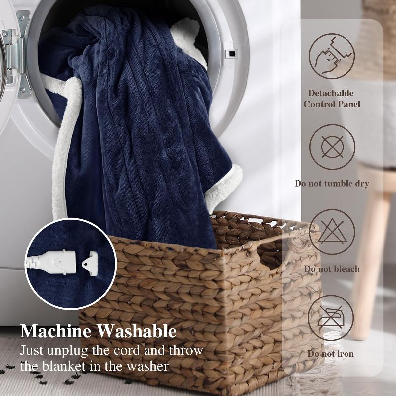 View 1 of ***STOCK PHOTO FOR REFERENCE ONLY*** WOOMER Electric Blanket Twin Size 62" x 84", Heated Blanket with 0.5-12 Hours Timer & 10 Heating Levels, ETL Certified, Navy Blue Velvet & White Sherpa, Over-Heat Protect, Machine Washable