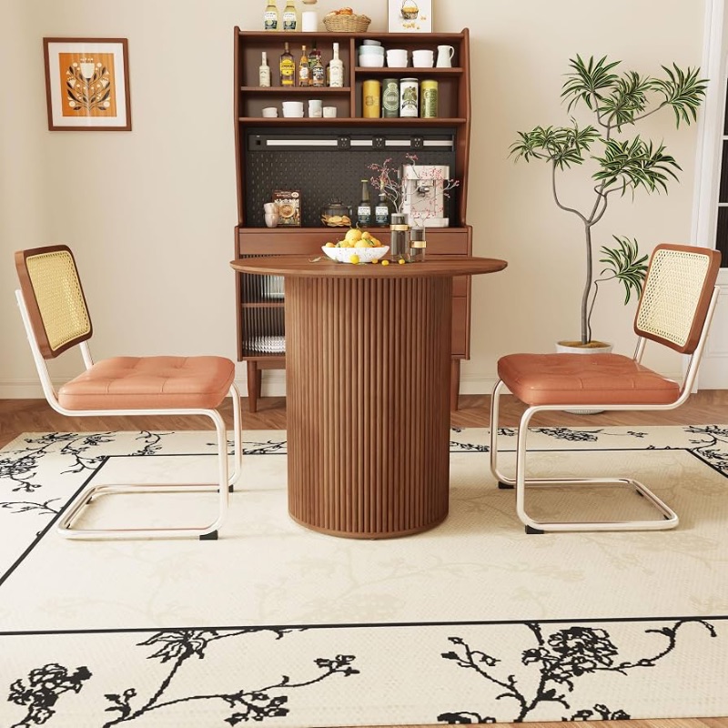 View 1 of ***STOCK PHOTO REFERENCE ONLY***
Round Dining Table for 2, Farmhouse Wood Fluted Dinner Table Round Kitchen with Wood Fluted Base, Mid-Century Modern Small Circle Dining Room Ta ble for Kitchen Living Room (Walnut)