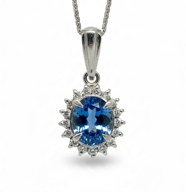 Photo 1 of 14K WHITE GOLD W 1ctw SAPPHIRE & 0.15 DIAMOND NECKLACE 2.3G #60
