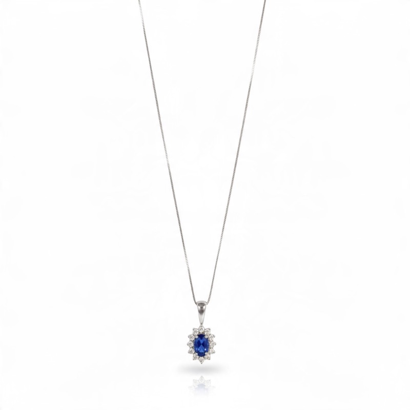 View 1 of 14K WHITE GOLD W SAPPHIRE & DIAMOND NECKLACE 2.3G #53