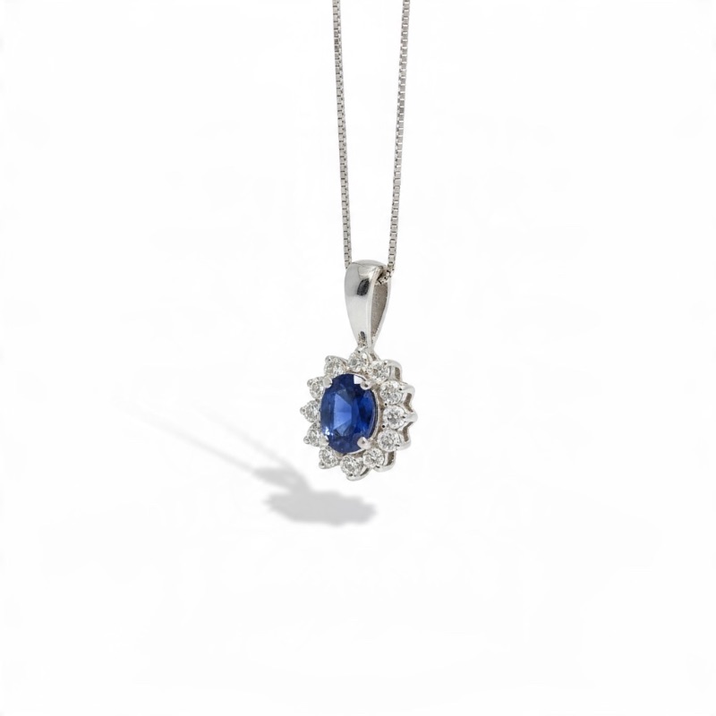 View 3 of 14K WHITE GOLD W SAPPHIRE & DIAMOND NECKLACE 2.3G #53