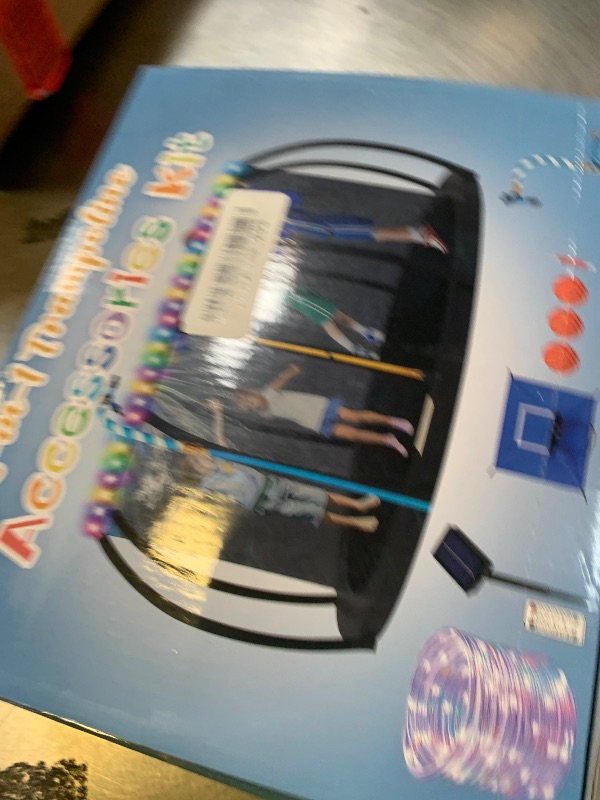 View 2 of 3-in-1 Trampoline Accessories Kit: 360°Rotating Water Sprinkler, 50FT Solar-Powered LED Lights & Kids Basketball Hoop with 3 Mini Balls / 8 Light Modes, Universal Fit for 8-16ft Trampolines