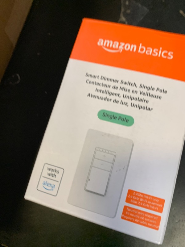Photo 1 of Amazon Basics Smart Dimmer Switch, Single Pole, Works with Alexa Only, Voice Control, 2.4 GHz Wi-Fi, No Hub Required, Neutral Wire Required, White