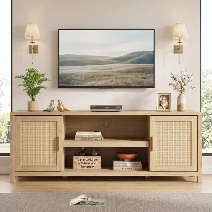 Photo 1 of Garvee Boho Rattan TV Stand for 65-75 Inch TVs – Modern Entertainment Center – Adjustable 2-Tier Storage, Cabinets & Open Shelves – Natural Wood Console Table for Living Room or Bedroom – Natural Wood Color