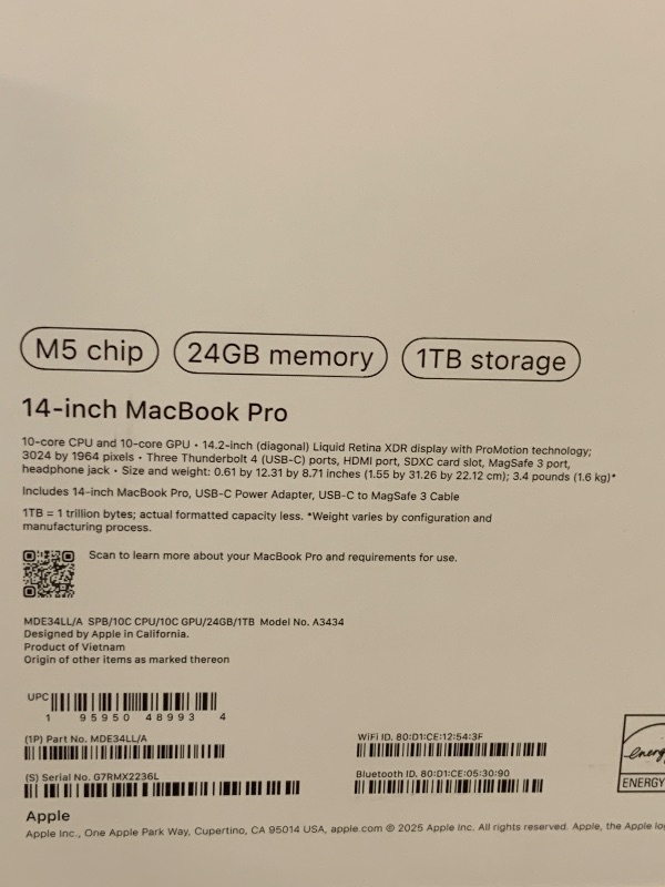 Photo 1 of Apple 2025 MacBook Pro Laptop with Apple M5 chip with 10?core CPU and 10?core GPU: Built for AI, 14.2-inch Liquid Retina XDR Display, 24GB Unified Memory, 1TB SSD Storage; Space Black