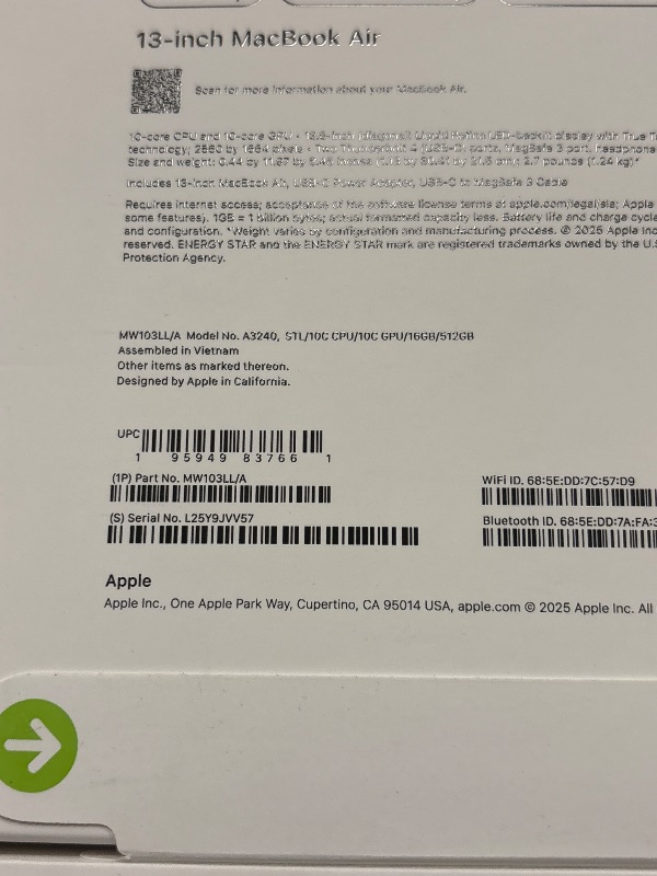 Photo 1 of Factory seal Apple 2025 MacBook Air 13-inch Laptop with M4 chip: Built for Apple Intelligence, 13.6-inch Liquid Retina Display, 16GB Unified Memory, 512GB SSD Storage, 12MP Center Stage Camera, Touch ID; Starlight