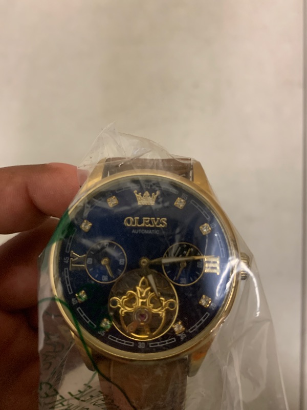 Photo 1 of OLEVS Mens Leather Watches Automatic Mechanical Skeleton Tourbillon Diamond Blue Luxury Self Winding Dress Wrist Watches Moon Phase Waterproof Luminous