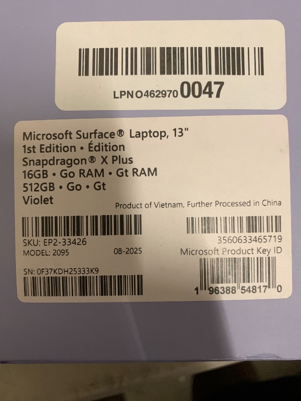 Photo 1 of Microsoft Surface Laptop (2025), Windows 11 Copilot+ PC, 13" Touchscreen Display, Snapdragon X Plus (8 core), 16GB RAM, 512GB SSD Storage, Violet