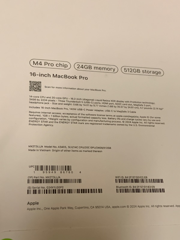 Photo 1 of Apple 2024 MacBook Pro Laptop with M4 Pro, 14?core CPU, 20?core GPU: Built for Apple Intelligence, 16.2-inch Liquid Retina XDR Display, 24GB Unified Memory, 512GB SSD Storage; Silver
