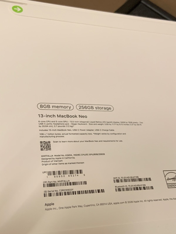 Photo 1 of Apple 2026 MacBook Neo 13-inch Laptop with A18 Pro chip: Built for AI and Apple Intelligence, Liquid Retina Display, 8GB Unified Memory, 256GB SSD Storage, 1080p FaceTime HD Camera; Indigo