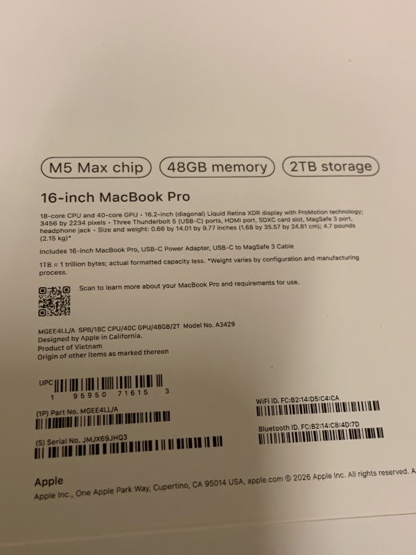 Photo 1 of Apple 2026 MacBook Pro Laptop with Apple M5 Max chip with 18-core CPU and 40-core GPU: Built for AI, 16.2-inch Liquid Retina XDR Display, 48GB Unified Memory, 2TB SSD, Wi-Fi 7; Space Black