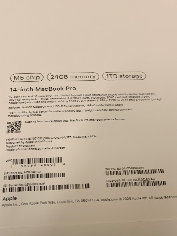 Photo 1 of Apple 2025 MacBook Pro Laptop with Apple M5 chip with 10?core CPU and 10?core GPU: Built for AI, 14.2-inch Liquid Retina XDR Display, 24GB Unified Memory, 1TB SSD Storage; Space Black