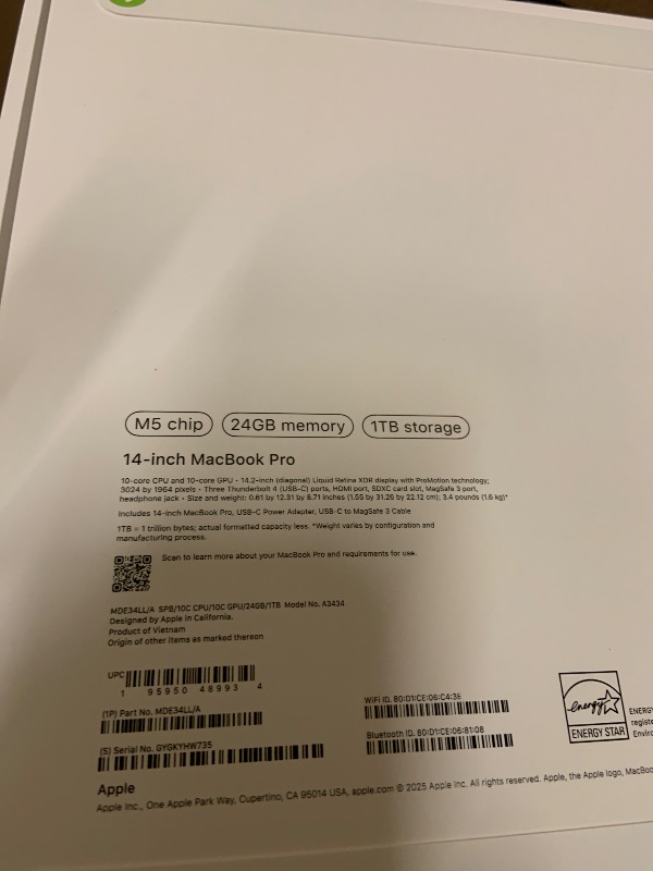 Photo 1 of Apple 2025 MacBook Pro Laptop with Apple M5 chip with 10?core CPU and 10?core GPU: Built for AI, 14.2-inch Liquid Retina XDR Display, 24GB Un Memory, 1TB SSD Storage; Space Black