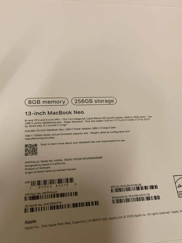 Photo 1 of Apple 2026 MacBook Neo 13-inch Laptop with A18 Pro chip: Built for AI and Apple Intelligence, Liquid Retina Display, 8GB Unified Memory, 256GB SSD Storage, 1080p FaceTime HD Camera; Indigo