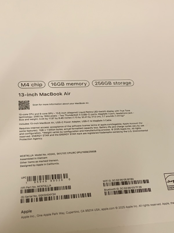 Photo 1 of Apple 2025 MacBook Air 13-inch Laptop with M4 chip: Built for Apple Intelligence, 13.6-inch Liquid Retina Display, 16GB Unified Memory, 256GB SSD Storage, 12MP Center Stage Camera, Touch ID; Sky Blue