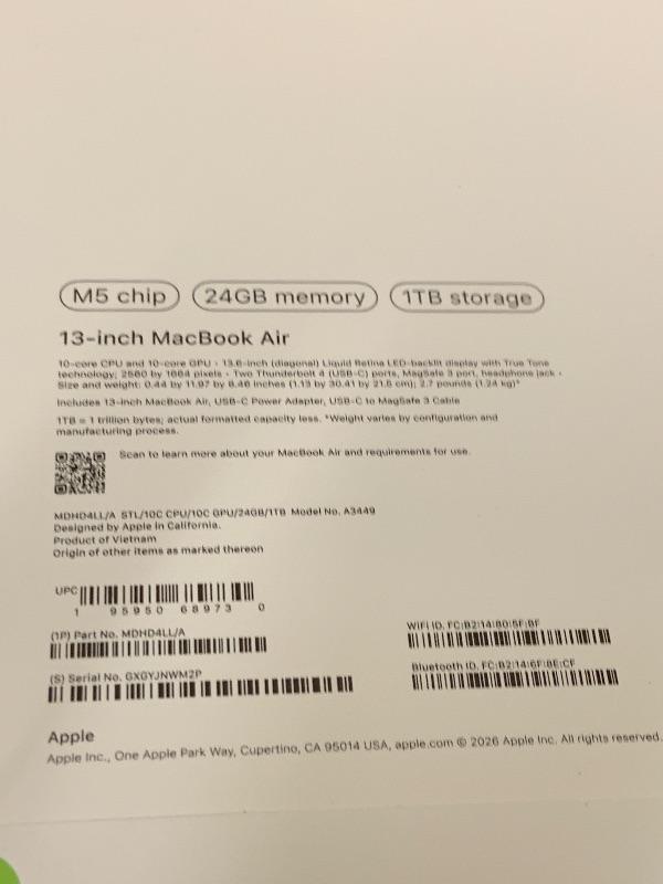 Photo 1 of Apple 2026 MacBook Air 13-inch Laptop with M5 chip: Built for AI, 13.6-inch Liquid Retina Display, 24GB Unified Memory, 1TB SSD, 12MP Center Stage Camera, Touch ID, Wi-Fi 7; Starlight