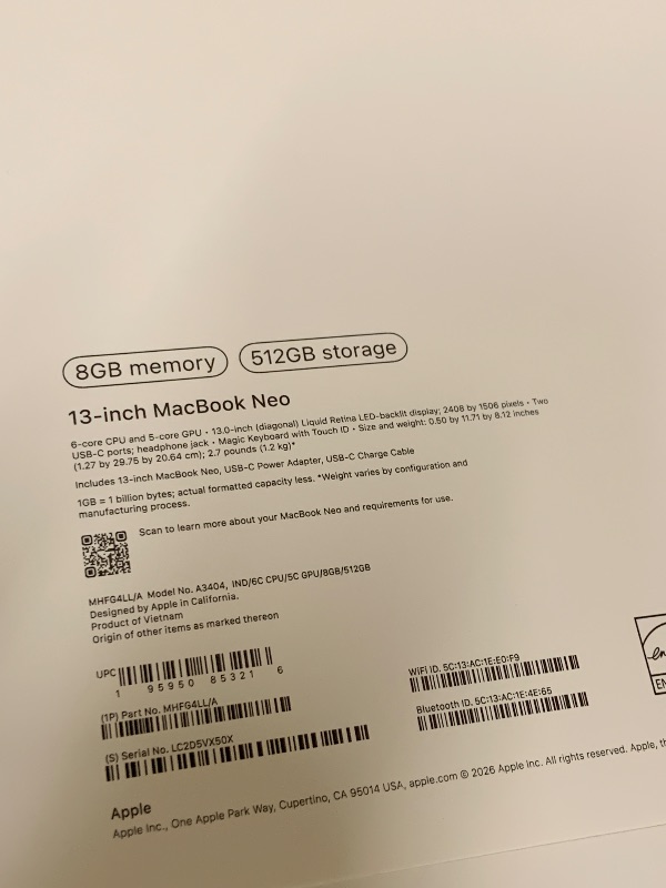 Photo 1 of Apple 2026 MacBook Neo 13-inch Laptop with A18 Pro chip: Built for AI and Apple Intelligence, Liquid Retina Display, 8GB Unified Memory, 512GB SSD Storage, 1080p FaceTime HD Camera, Touch ID; Indigo